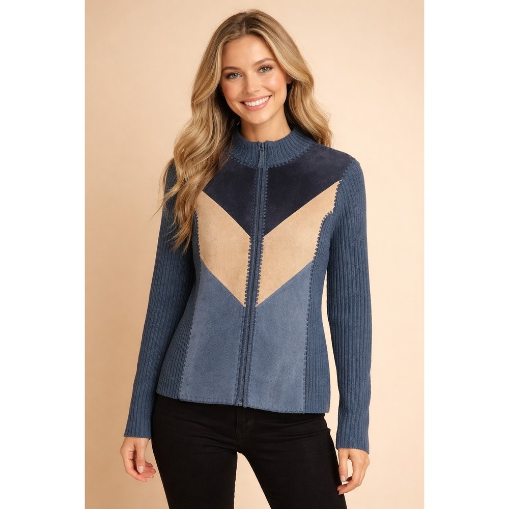 Leather Patchwork Blue Cardigan Size Medium Fall 90's Western